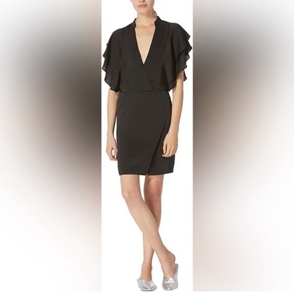 Avec Les Filles Women’s Black Ruffle Flutter Sleeve LBD Deep V Neck Mini Dress M - Picture 1 of 10